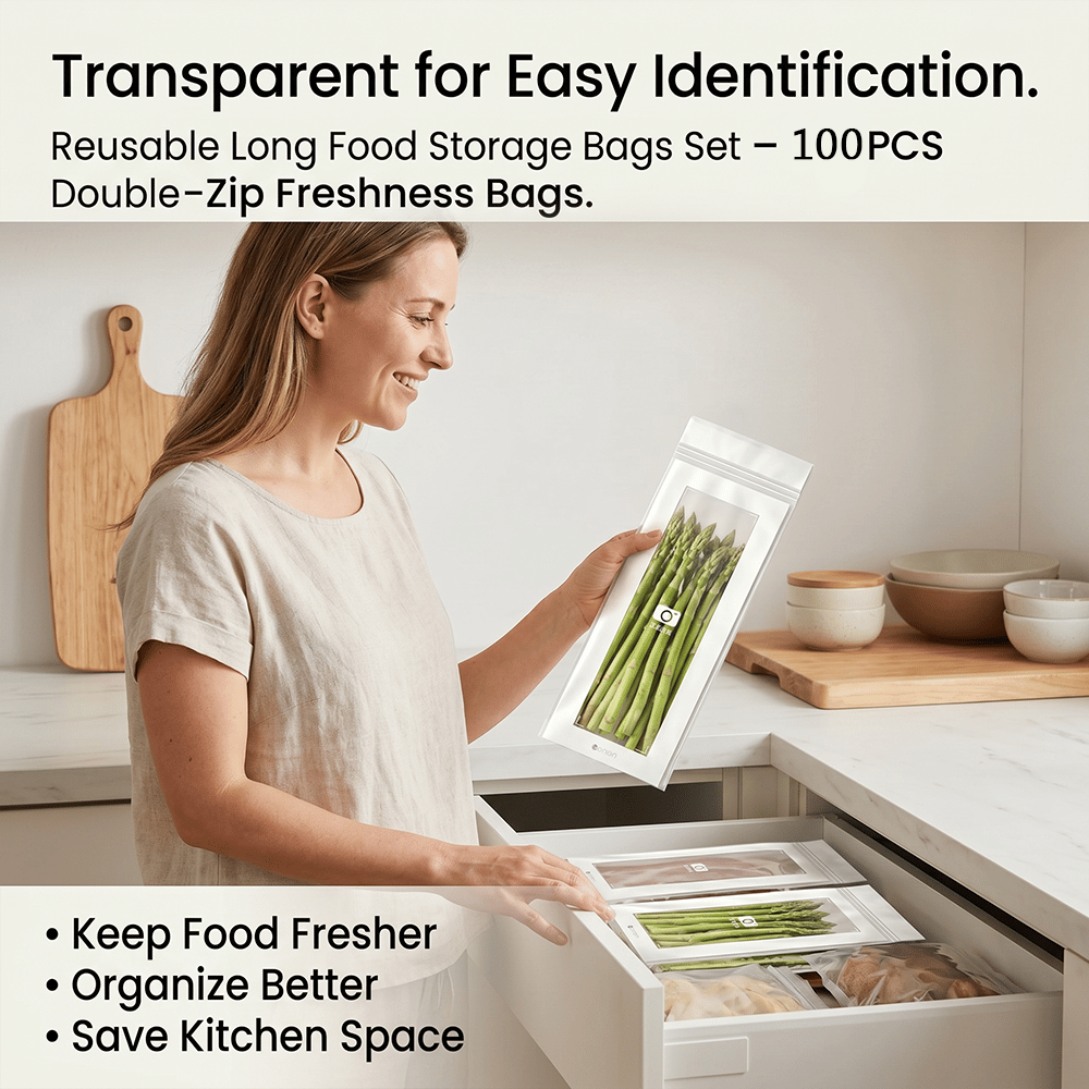 🔥 49% OFF Limited Offer – 🥬 50/100PCS Reusable Long Food Storage Bags, Double-Zip Seal Freshness Bags for Kitchen