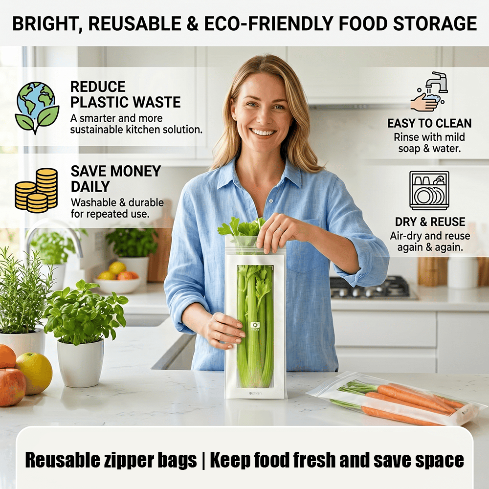 🔥 49% OFF Limited Offer – 🥬 50/100PCS Reusable Long Food Storage Bags, Double-Zip Seal Freshness Bags for Kitchen