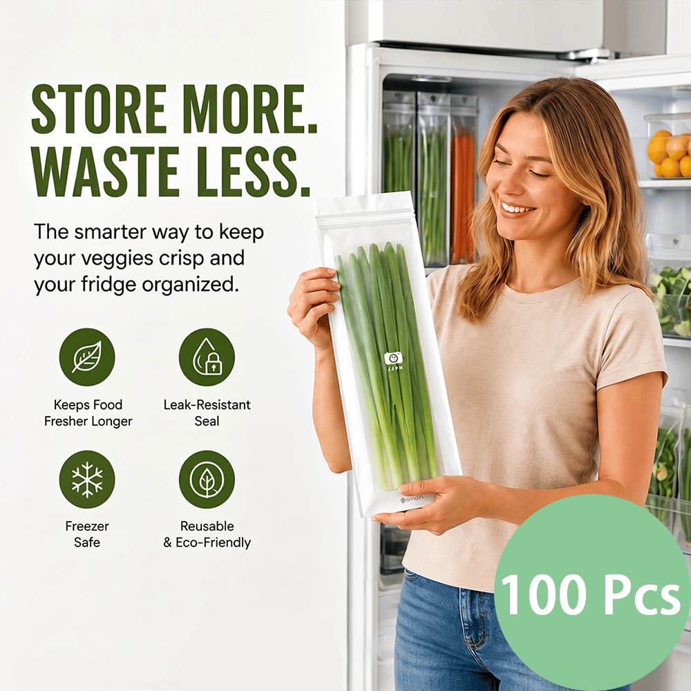 🔥 49% OFF Limited Offer – 🥬 50/100PCS Reusable Long Food Storage Bags, Double-Zip Seal Freshness Bags for Kitchen