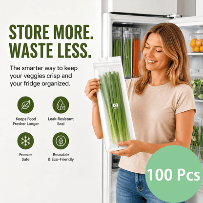 🔥 49% OFF Limited Offer – 🥬 50/100PCS Reusable Long Food Storage Bags, Double-Zip Seal Freshness Bags for Kitchen