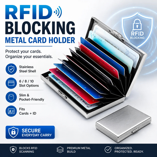 RFID Blocking Stainless Steel Card Holder, Slim Portable Anti‑Theft Metal Credit Card Case